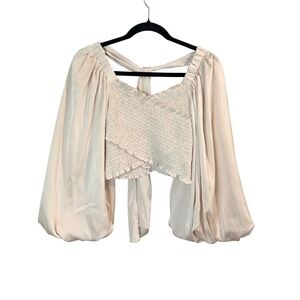 Mustard Seed‎ Champagne Smocked Balloon Sleeve Tie Back Crop Top Small